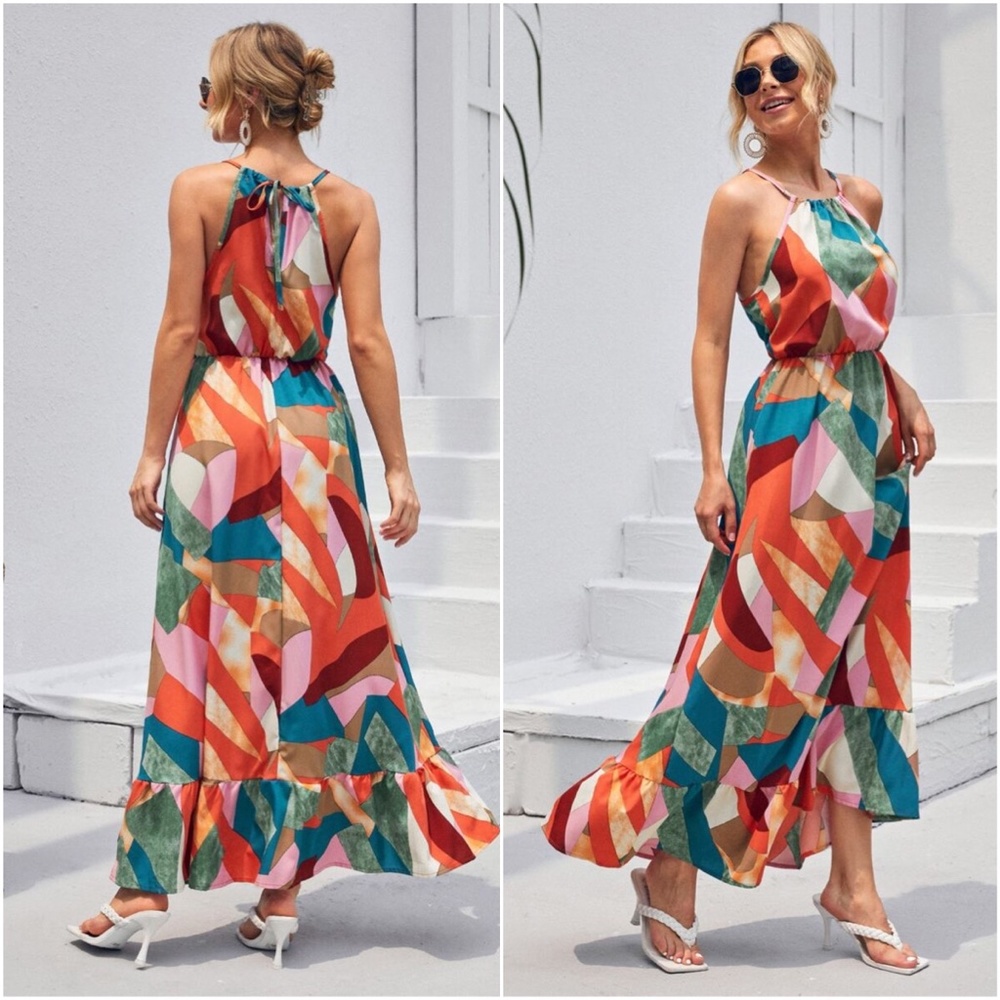 Boho Pink Multicolor Ruffle Hem Halter Maxi Dress - Picture 2 of 4